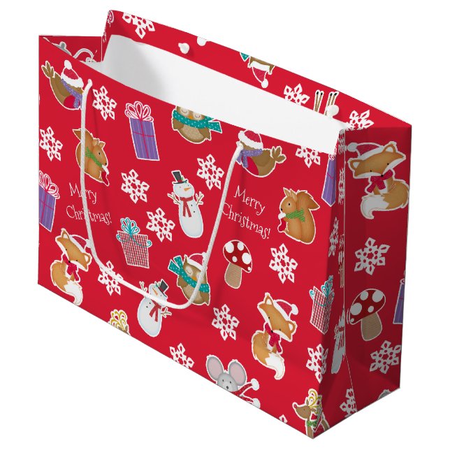 Woodland Animal Pattern Red Merry Christmas Large Gift Bag (Front Angled)