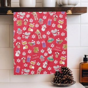 Woodland Animal Pattern Red Merry Christmas Tea Towel