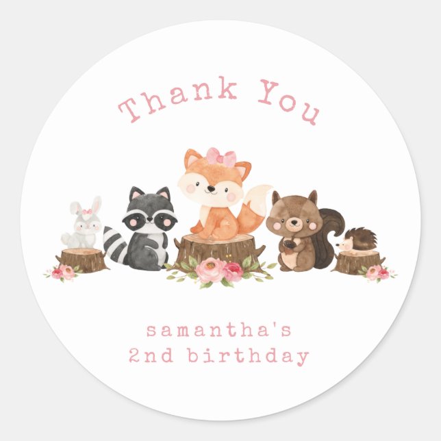 Woodland Animal Pink Girl Birthday Thank You Classic Round Sticker (Front)
