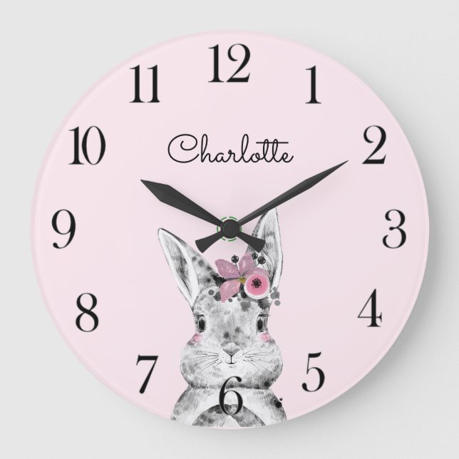 Woodland Animal Pink Watercolor Baby Name Nursery Large Clock (Front)