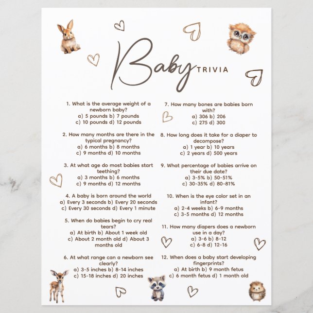 Woodland Animal Theme Baby Trivia Game Card (Front)