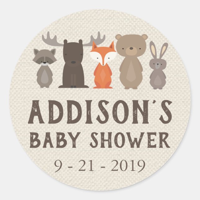 Woodland Animal Themed Baby Shower Circle Stickers (Front)