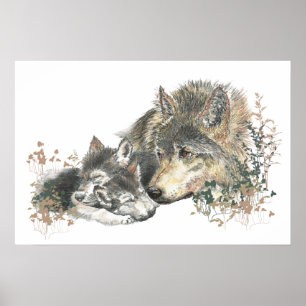  Woodland Animal Watercolor Wolf Mum Cubs Poster
