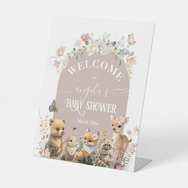 Woodland animal wildflower Girl Baby Shower welcom Pedestal Sign (Front)