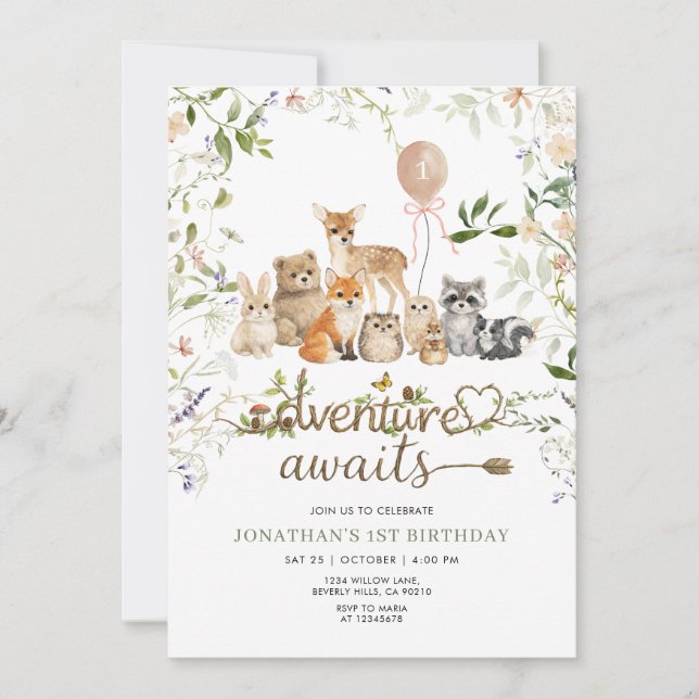 Woodland Animals 1st Birthday | Rustic Forest Invitation (Front)