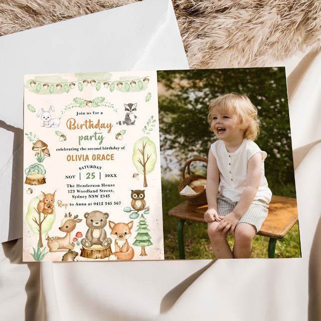 Woodland Animals 2nd Birthday Party Photo  Invitation (Creator Uploaded)