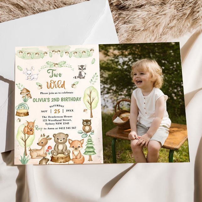 Woodland Animals 2nd Birthday Party Photo  Invitation (Creator Uploaded)
