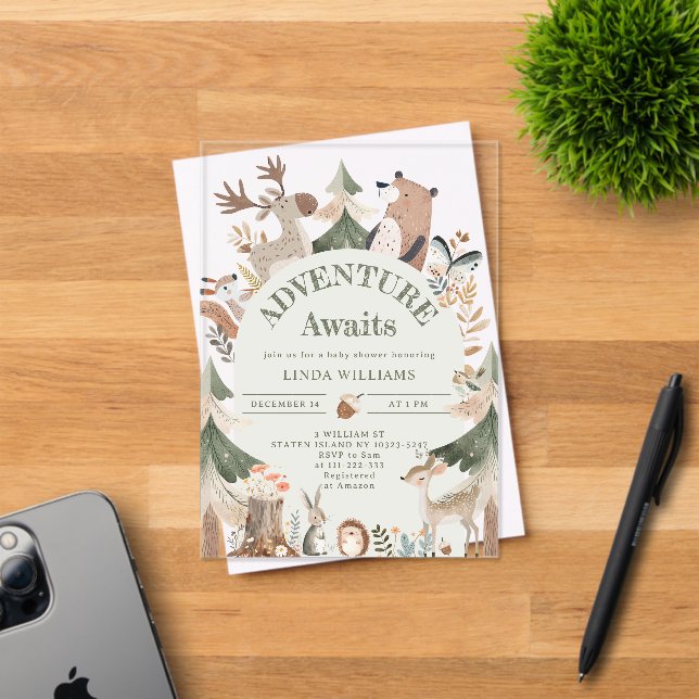 Woodland animals Adventure Awaits Baby shower Acrylic Invitations (Insitu (Invitation Card))