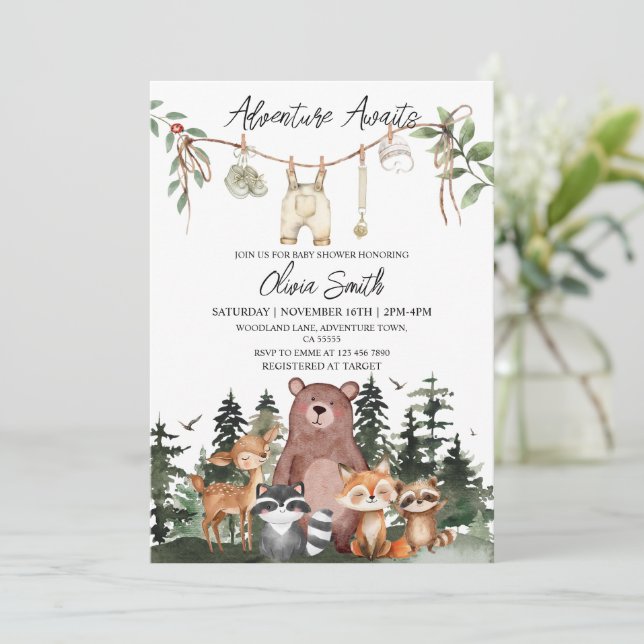 Woodland Animals Adventure Awaits Baby Shower Invitation (Standing Front)