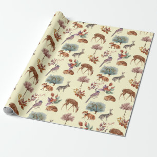 Woodland Animals and Birds  Pale Yellow Background Wrapping Paper