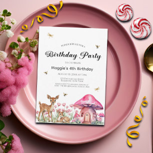 Woodland Animals and Fairy Mushrooms 4th Birthday  Invitation
