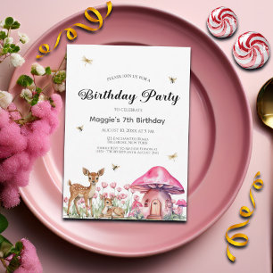 Woodland Animals and Fairy Mushrooms 7th Birthday  Invitation