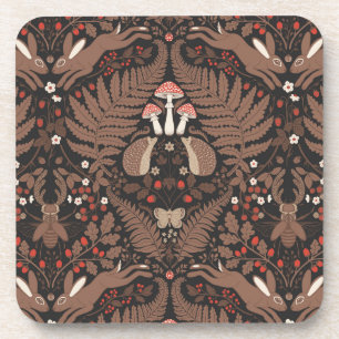 Woodland animals and plants in red and brown coaster
