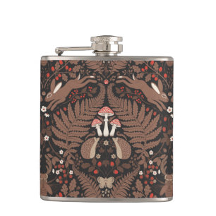 Woodland animals and plants in red and brown hip flask