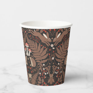 Woodland animals and plants in red and brown paper cups