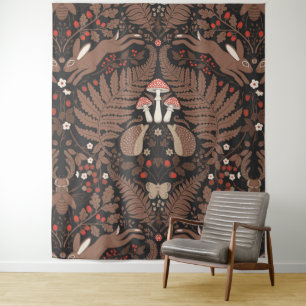 Woodland animals and plants in red and brown tapestry