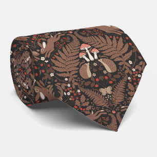 Woodland animals and plants in red and brown tie