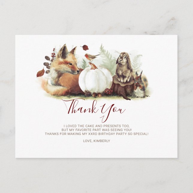 Woodland Animals and Pumpkin Birthday Thank You Postcard (Front)
