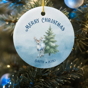 Woodland Animals and Reindeer Blue Christmas Ceramic Tree Decoration