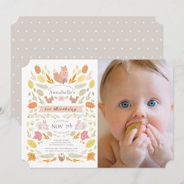 Woodland Animals Autumn Foliage Photo 1st Birthday Invitation (Front/Back)