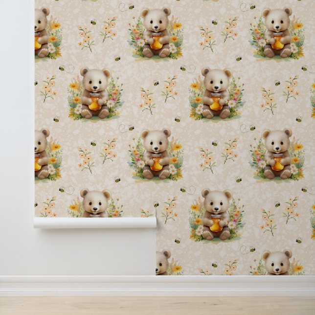 Woodland Animals Baby Bear Wild Flowers Honey Bee Wallpaper (Application)