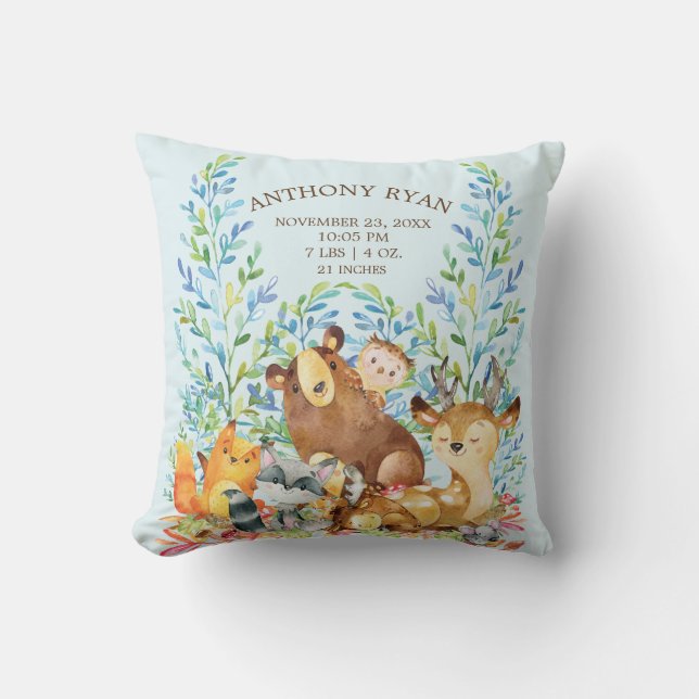 Woodland Animals Baby Birth Stats Pillow (Front)
