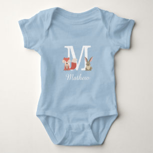 Woodland Animals Baby Boy Initial Monogram Bodysuit
