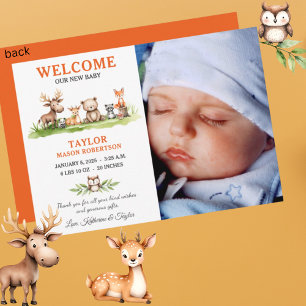 Woodland Animals Baby Boy Photo Announcement Card