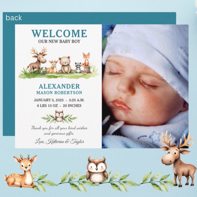 Woodland Animals Baby Boy Photo Announcement Card (Creator Uploaded)