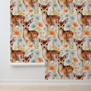 Woodland Animals Baby Deer Fawn Floral Cream Wallpaper