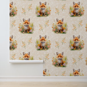 Woodland Animals Baby Fox Wild Flowers on Cream Wallpaper