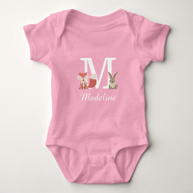 Woodland Animals Baby Girl Initial Monogram Baby Bodysuit (Front)