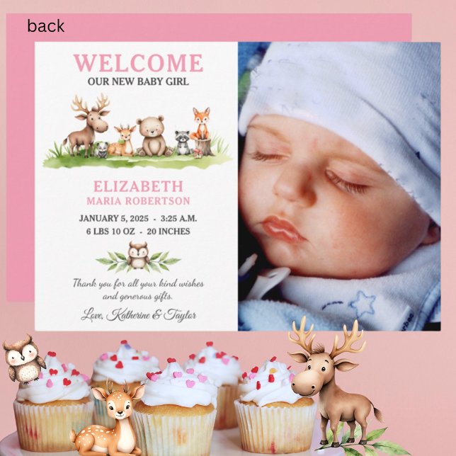 Woodland Animals Baby Girl Photo Announcement Card (Creator Uploaded)