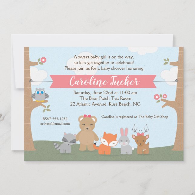 Woodland Animals Baby Girl Shower Invitation (Front)