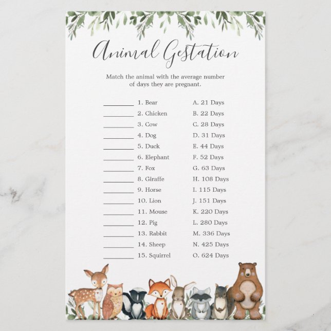Woodland Animals Baby Shower Animal Gestation Game (Front)