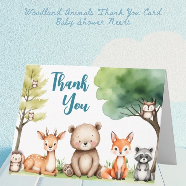 Woodland Animals Baby Shower Blue Thank You Card (Creator Uploaded)