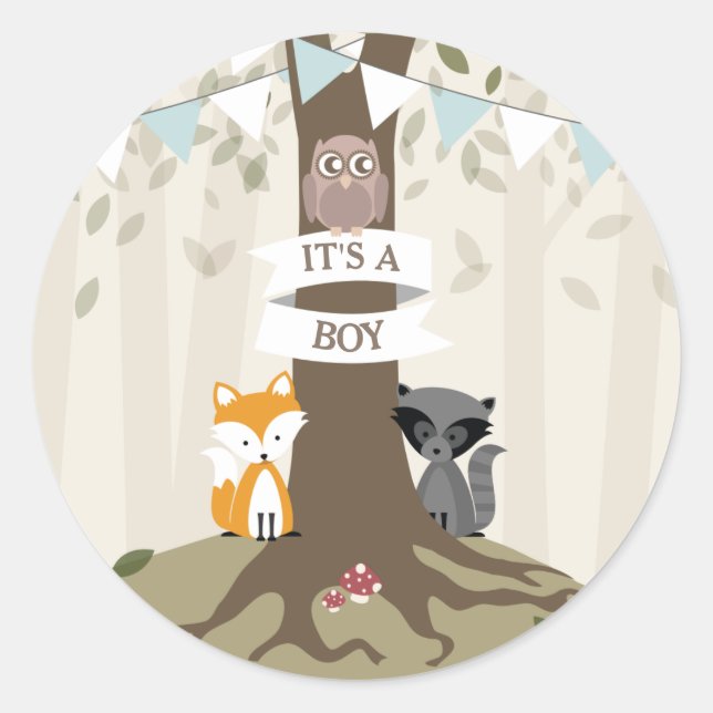 Woodland Animals Baby Shower - Boy Classic Round Sticker (Front)
