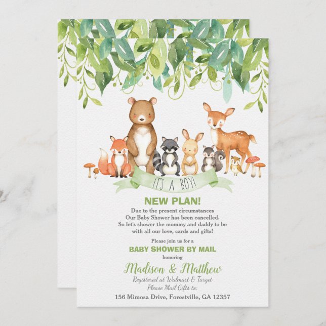 Woodland Animals Baby Shower by Mail Greenery Boy Invitation (Front/Back)