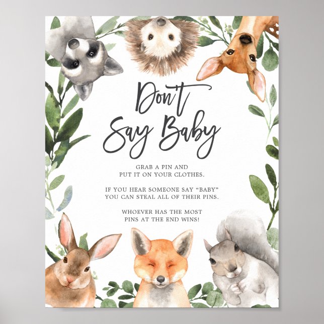 Woodland Animals Baby Shower Don't Say Baby Sign (Front)