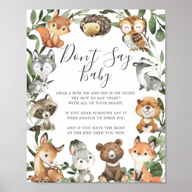 Woodland Animals Baby Shower Don't Say Baby Sign (Front)