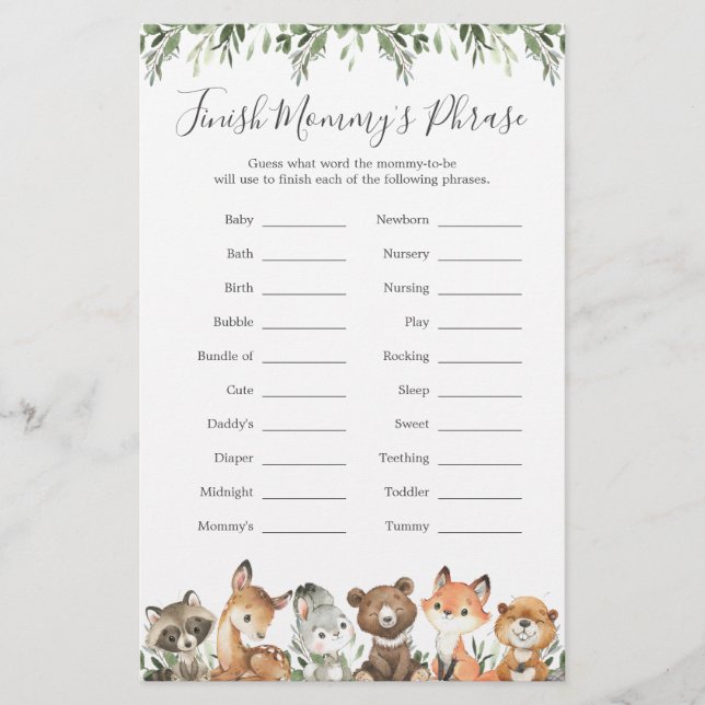Woodland Animals Baby Shower Finish Mummy's Phrase (Front)
