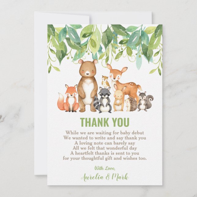 Woodland Animals Baby Shower Forest Boy Neutral Thank You Card (Front)