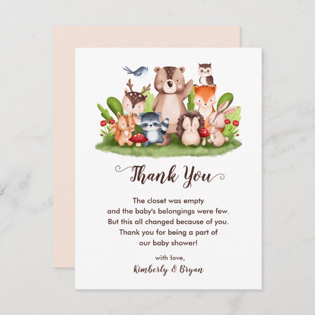 Woodland Animals Baby Shower Forest Greenery Thank You Card (Front/Back)