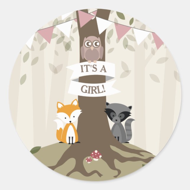 Woodland Animals Baby Shower - Girl Classic Round Sticker (Front)