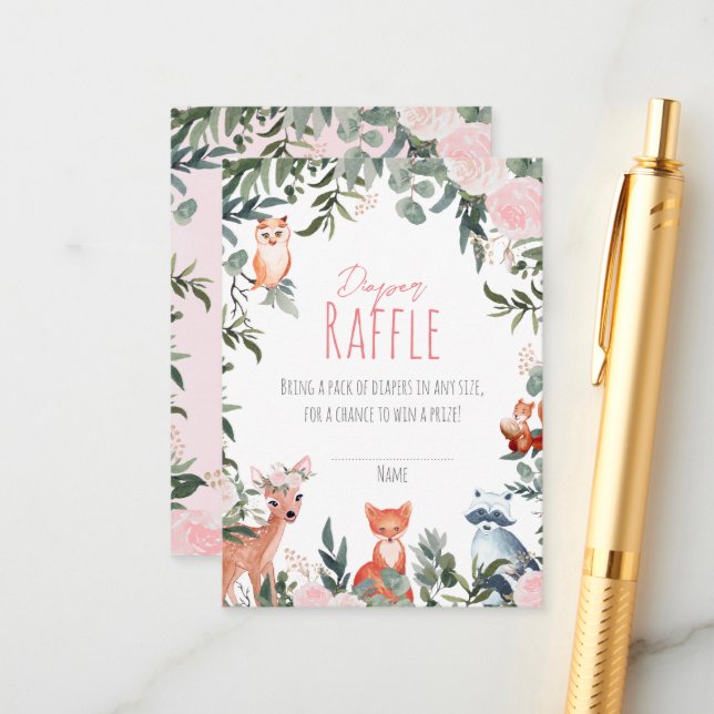 Woodland Animals Baby Shower Girl Diaper Raffle Enclosure Card (Front/Back In Situ)