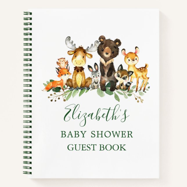 Woodland Animals Baby Shower Green Guest Book (Front)