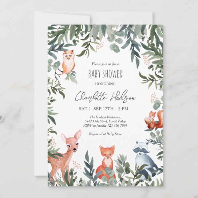 Woodland Animals Baby Shower Invitation (Front)