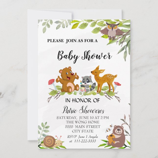 Woodland Animals Baby Shower Invitation Card (Front)