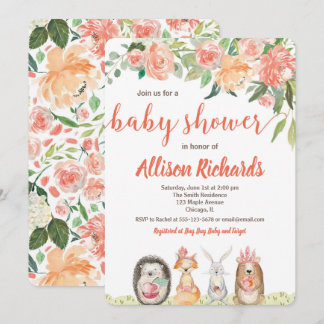 Woodland animals baby shower invitation girl