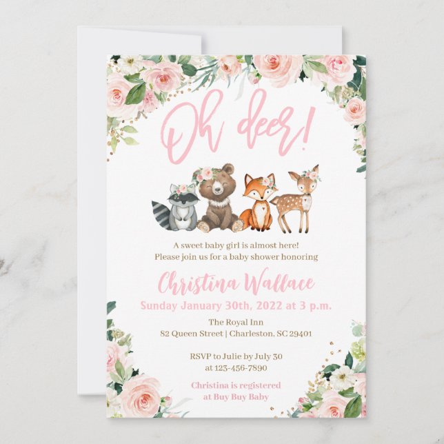 Woodland Animals Baby Shower Invitations for Girls (Front)
